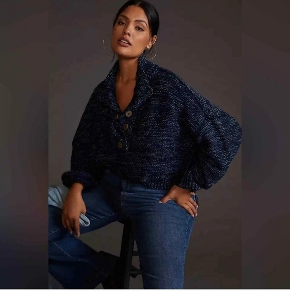 Anthropologie Pilcro Mega Henley Sweater Button Up Blue Heathered Knit, SZ 3XL - Picture 3 of 14